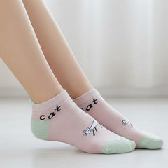 MOMISY Cute Cat Design Ankle Socks Pastel Colors, Low-Cut Casual Wear Pack of 5 (Multicolor)