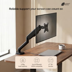 Green Soul Single Monitor Gas Spring Stand|Fits 13-32" Screen|9Kg Weight Capacity|Height Adjustable Desk Mount, VESA Plate, Grommet & C-Clamp Base|Monitor Riser for Desk|Tilt, Swivel & Rotation|Black