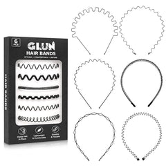 GLUN® Adjustable Flexible Metal Hair Band Set of 6, Unisex Non-Slip Sports Headband & Face Wash Hair Band for Men, Women, Boys & Girls, Black Zigzag Wavy Hairband for Yoga, Exercise, Daily Styling & Hair Accessories