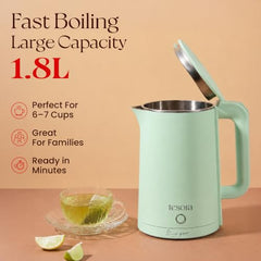 Tesora 1.8L Electric Kettle, 1500W,Stainless Steel Interior, 12 Recipe Book | Electric Water Boiler, Tea Maker, 1500W Fast Boiling, Cool-Touch Body, 360° Base, Auto Shut-Off, Boil-Dry Protection