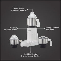 Preethi Eco Plus Mixer Grinder for Kitchen|750 Watt Mixie, 4 jars|Super Extractor juicer Jar| 2 Year Product Warranty| White (MG 157)