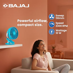 Bajaj Pygmy Mini Fan 110MM | USB Charging | Multi-Clip Function | Rechargeable | 4-Hr Back-up | Silent Operation | Longer Battery Life | Energy Efficient | Portable【White】