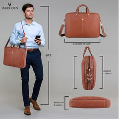 WildHorn Genuine Leather Office Bag for Men | 15.6-Inch Laptop Bag with a Minimalist Design | Professional Leather Bag with Adjustable Straps & Multiple Compartments | 1-Year Warranty
