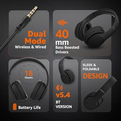 Amazon Basics Wireless Over Ear Headphones, Bluetooth 5.4, 40mm Drivers, 18H Playtime, Foldable Lightweight Design with Aux Support, Deep Bass & Mic, Black