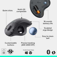 Logitech Ergo M575 Wireless Trackball Mouse - Easy Thumb Control, Precision and Smooth Tracking, Ergonomic Comfort Design, for Windows, PC and Mac with Bluetooth and USB Capabilities, Black, Medium