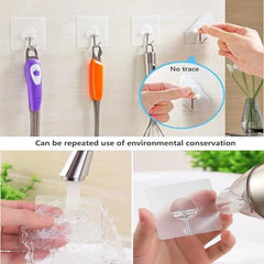 AMIQUS 10 Pcs Hevy Duty Self Adhesive Hook for Hanging Kitchen Item and Other Stainless Steel, Gold Waterproof, Strong Towels, Keys, Utensils,Robes Double-Sided Transparent (Double Claw V Shape)