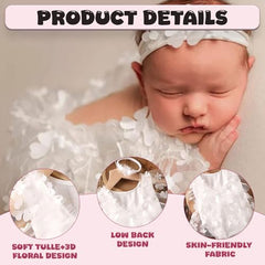 MOMISY Baby Girl Crochet Romper with Lace and Headband, Photography Photoshoot Costume (White, 0-3 Months)