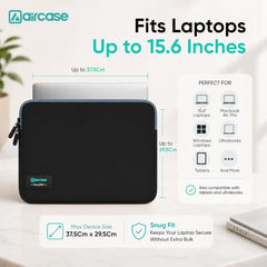 AirCase Neoprene Laptop Sleeve Case Cover for 15.6 Inch MacBook, Dell, HP, Lenovo, More| Water-Resistant, Shockproof Padding, Scratch-Proof| Slim Fit, Wrinkle Free, TSA Security Friendly (Black-Grey)