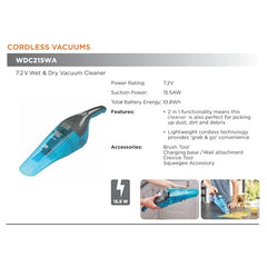 BLACK+DECKER WDC215WA-IN 7.2 V,10.8W Lithium-Ion Wet and Dry Cordless Dustbuster Handheld Vacuum Cleaner (Blue)-Charge Fully Before Using
