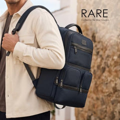 RARE RABBIT VEJER Nylon Texture Backpack, USB Charging Port, Water Repellent, 24L (Blue)
