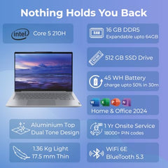 Lenovo ThinkBook 14, Intel Core 5 210H, 16GB RAM, 512GB SSD, WUXGA IPS 14”(35.56cm), Win11 Home, Office 2024, Arctic Grey, 1.36Kg, 21SGA02WIG, Fingerprint, 300 Nits,Backlit, 1Y Onsite Warranty, Laptop