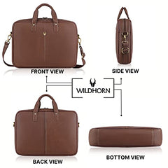 WildHorn Genuine Leather Office Bag for Men | 15.6-Inch Laptop Bag with a Minimalist Design | Professional Leather Bag with Adjustable Straps & Multiple Compartments | 1-Year Warranty