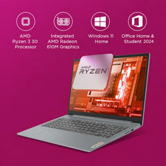 Lenovo IdeaPad Slim 3, Ryzen 3 30, 8GB RAM, 512GB SSD, FHD Thin and Light Laptop, 15.6" (39.6cm), Windows 11, Office 2024, Grey, 1.6Kg, 82XQ01VYIN, AMD Radeon 610M Graphics, Laptop