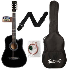 Juârez Acoustic Guitar Kit, JRZ38C/BK 38 Inch Cutaway, 038C with Bag, Strings, Pick and Strap, Black