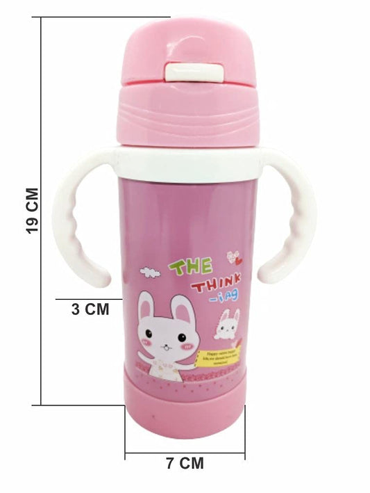 Syga Steel Sipper Baby Drinking Water Bottle, Handle with Straw, Vacuum Insulated Flask Leakproof Bottle, for School, Outdoors- Assorted Color and Design