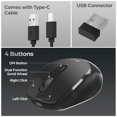 Foxin Flow Wireless Mouse with Rechargeable Battery, Bluetooth & 2.4 Ghz Dual Connectivity, 4 Buttons, Upto 1600 DPI, Type-C Charging | Ergonomic Office Mouse for Laptop, MacBook, PC | Green