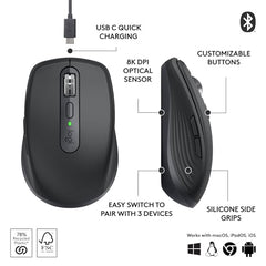 Logitech MX Anywhere 3S Compact Wireless Mouse with Free Adobe Subscription, Fast Scrolling, 8K DPI Any-Surface Tracking, Quiet Clicks, Programmable Buttons, USB C, Bluetooth - Graphite