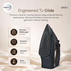 Wipro Elato GS 105 Brevia 1300 Watt Steam Iron With 180 Ml Water Tank | Anit-Drip Protection | Anti Bacterial German Weilburger Dual Coated Soleplate| Vertical & Horizontal Steaming| 2 Year Warranty