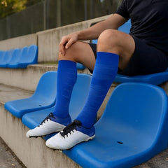 MOMISY Soccer Football Athletic Sports knee High Cotton Blend Socks for Men & Women | Odour Free, Superior Grip-Pack of 1 (Stripe Blue)