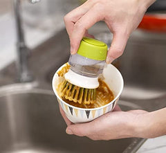 MOMISY Plastic Cleaning Brush with Soap Dispenser for Kitchen, Sink, Dish Washer with Storage Stand-Pack of 2 (Grey, Green