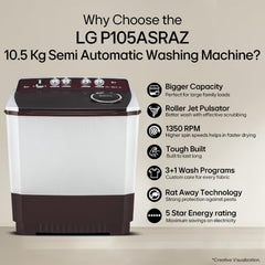 LG 10.5 kg, 5 Star, Roller Jet Pulsator with Soak, Wind Jet Dry Technology, Semi-Automatic Top Load Washing Machine (P105ASRAZ, Burgundy, Rat Away & Smart Filter)