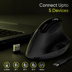 Amkette XS Natural Plus Programmable Vertical Wireless Mouse/Bluetooth Mouse, OLED Display Side Scroll, 6400DPI, 2.4G+3×BT+Wired, 7 Button, Rechargeable, Supports Web Software, 1000Hz, Black
