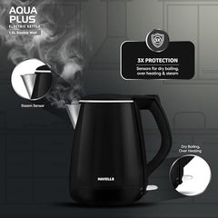 Havells Electric Kettle Altro 1250 Watts 1.5 liters, Double Layered Cool Touch Outer Body | 304 Rust Resistant SS Inner Body with Auto Shut Off | Wider Mouth | 2 Yr Manufacturer Warranty (Black)