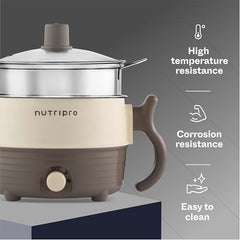 Nutripro Multipurpose Cook Kettle With 1.5L Stainless Steel Inner Pot, Steel (Cream & Brown, 600W)