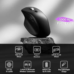 Keychron M6 Silent Wireless Gaming Mouse, 1000Hz Polling, Bluetooth 5.3/2.4GHz/Wired, PixArt 3311 Optical Sensor up to 12,000 DPI, Lightweight 3.03 oz(86g), Programmable, for Windows/Mac/Linux – Black