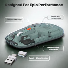 Amkette Epic TP Advanced Transparent Wireless Mouse/Bluetooth Mouse Rechargeable, USB-A+USB-C Nano Receiver, 3200DPI, Type-C Charging, 3 Device Connectivity for Laptop, PC, MacBook, Tablet & More