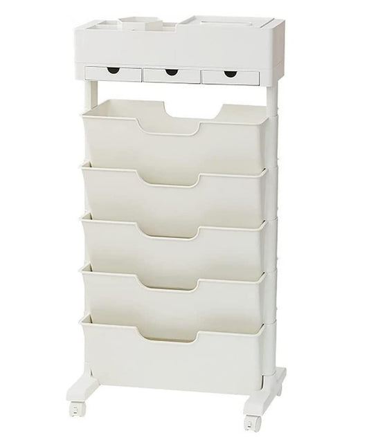 SYGA Removable Multifunctional Book Storage Rack Shelf Living Room Layered Plastic Magrack 3drawers with Wheels (OffWhite)