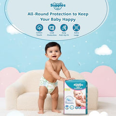 Amazon Brand - Supples Premium Baby Diaper Pants | 108 Baby Diapers | XL | 12-17 Kg | 12 Hrs Absorption | Cushiony Cotton Soft Fabric | Phthalates-Free | Triple Leak Guard | 54 Count, Pack of 2