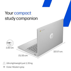 HP Chromebook 14, MediaTek Kompanio 540 (4GB LPDDR5, 128GB UFS) HD, Anti-Glare, Micro-Edge, 14''/35.6cm, ChromeOS, 100 GB Google One(1yr), Modern Gray,1.35kg, nm0004MU, HD Camera w/Shutter Laptop
