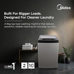 Midea 9kg 5-Star Top Load | Fully Auto | Soft Close Glass Lid | Hydrowave Stainless Tub | 10 Wash Programs | Auto Drum Clean | Magic Filter | Child Lock | Delay Wash | Inox Grey | MWMTL090FP1GNIG