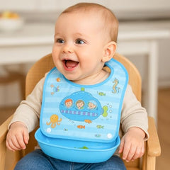 MOMISY Baby Bib For Newborn Waterproof Silicone Apron Wipeable Stain Resistant With pocket For 6 months and up (Blue-Submarine)