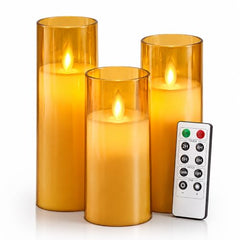 Flameless LED Pillar Candle Set of 2 | Acrylic Fiber Glass | Dancing Faux Wick | Remote Control with Battery Operated 3 AA | Home Décor & Gifting | 3" D x 6" H | Red