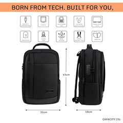 F Gear Alpha Black 25L Tech Laptop Backpack, USB & Lock, Fits 17-inch