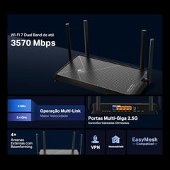 TP-Link Archer BE400 Dual-Band BE6500 WiFi 7 Router | 4K/8K Streaming 6.5 Gbps | 1× 2.5 Gbps WAN/LAN + 3× 1 Gbps LAN Ports + 1× USB 3.0 | 6 Antennas | Compatible with Alexa and Google Assistant