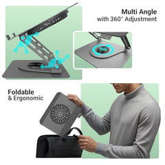 ZEBRONICS NS4000 PRO Rotatable Laptop Metal Stand, Upto 17 inch, 360° Fidget Rotation, Foldable, Multi Angle Adjustment, Type C Detachable RGB Magnetic Fan, Anti-Slip Silicone Pads, Carbon Steel Body