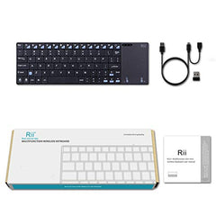 Rii K12 Ultra Slim 2.4GHz Portable Mini Wireless KODI Keyboard Large Size Touchpad Mouse, Stainless Steel Back Cover, Rechargeable Li-ion Battery, IPTV, Android TV, XBMC, Windows, Black