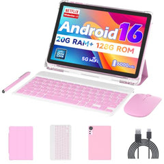 Android 16 10 inch Tablets, 20GB RAM 128GB ROM 2TB Expandable, 2GHz Octa-core Processor, 2 in 1 Tablet with Stylus Mouse Keyboard Case, 5G WiFi6, BT 5.0, 6000mAh, Widevine L1, GMS