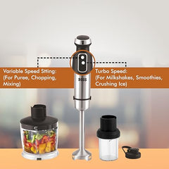 BOSS Stellar Hand Blender 1200 Watts with Chopper, Blender Jar, On to go Bottle Cap| Variable Speed & Turbo Speed Function| Anti-Splash Technology| 2 Year Warranty| Grey