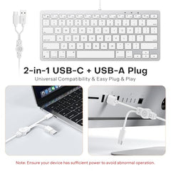 Emetok Wired Keyboard for Mac Users, 1 Cable 2 Plugs USB-C & USB-A, Silver