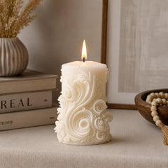 Decorative Fragrance Candle with Raised 3D Ivory Swirl Pillar Artwork | Long Burning Scented Candle for Home Décor, Living Room, Bedroom, Meditation Space, Table Decoration & Gift