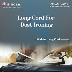 SINGER STEAMINATOR 8 Bar 2600 W Steam Generator Iron | 100 g/min Continuous Steam | 1.5L Water Tank | Ceramic Soleplate | Vertical Steam | Auto Shut-Off | Heavy Duty | ISI Certified | 2 Years Warranty