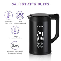 Borosil 1.5 L Cooltouch 1350W Digital Electric Kettle, Black | Temperature display, Keep warm function, Double wall, Wide mouth, For tea, noodles, soup & boiled eggs, Versatile use