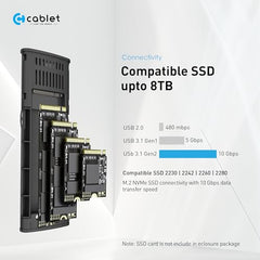 Cablet M.2 NVMe/NGFF SSD Enclosure USB 3.1 Gen2 10Gbps for 2242/2260/2280 M-Key/M+B Key PCIe SSD, Supports Dual Protocol NVMe and NGFF SSD, UASP Max 2TB, Aluminium Case