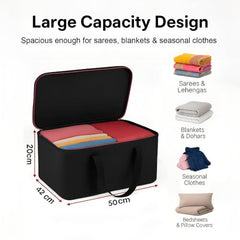 DALUCI Underbed Storage Bags for Clothes Pack of 4 Large Moisture Proof Organizer with Zipper Non Woven Foldable Storage Bag for Blanket Saree Wardrobe 54 x 46 x 26 cm (Black & Red - Large, 4 Pack)