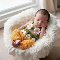 MOMISY Newborn Baby Girl Photography Prop Set, Crochet Bra and Pants, Handmade Costume-Yellow Daisy Flower Design