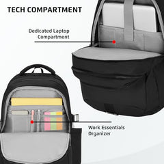 Safari Forge 34L Laptop Backpack, 3 compartments, Raincover, Antitheft pocket, Trolley Sleeve, Organizer, Bottle holder, Front pocket, College bag, school bag, Formal backpack, Color- Black